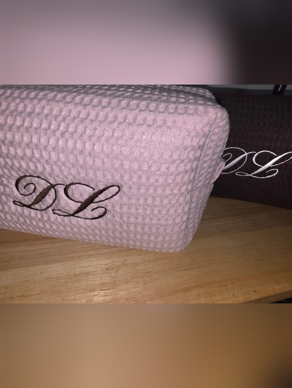 Monogram Pink and Brown Waffle Cosmetic Bag